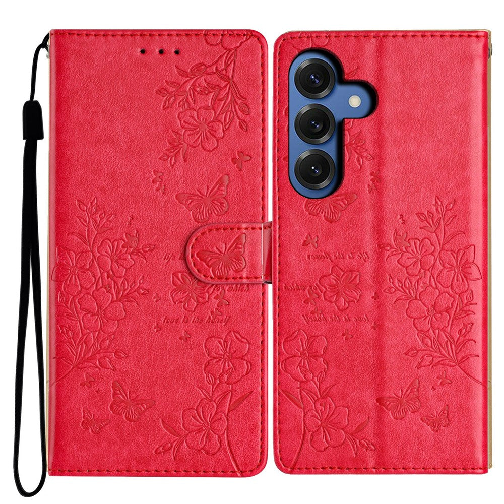 For-Samsung-Galaxy-S26-/-S26-Pro-Wallet-Phone-Case-Butterfly-Floral-Imprint-Leather-Flip-Cover-with-Strap-Red