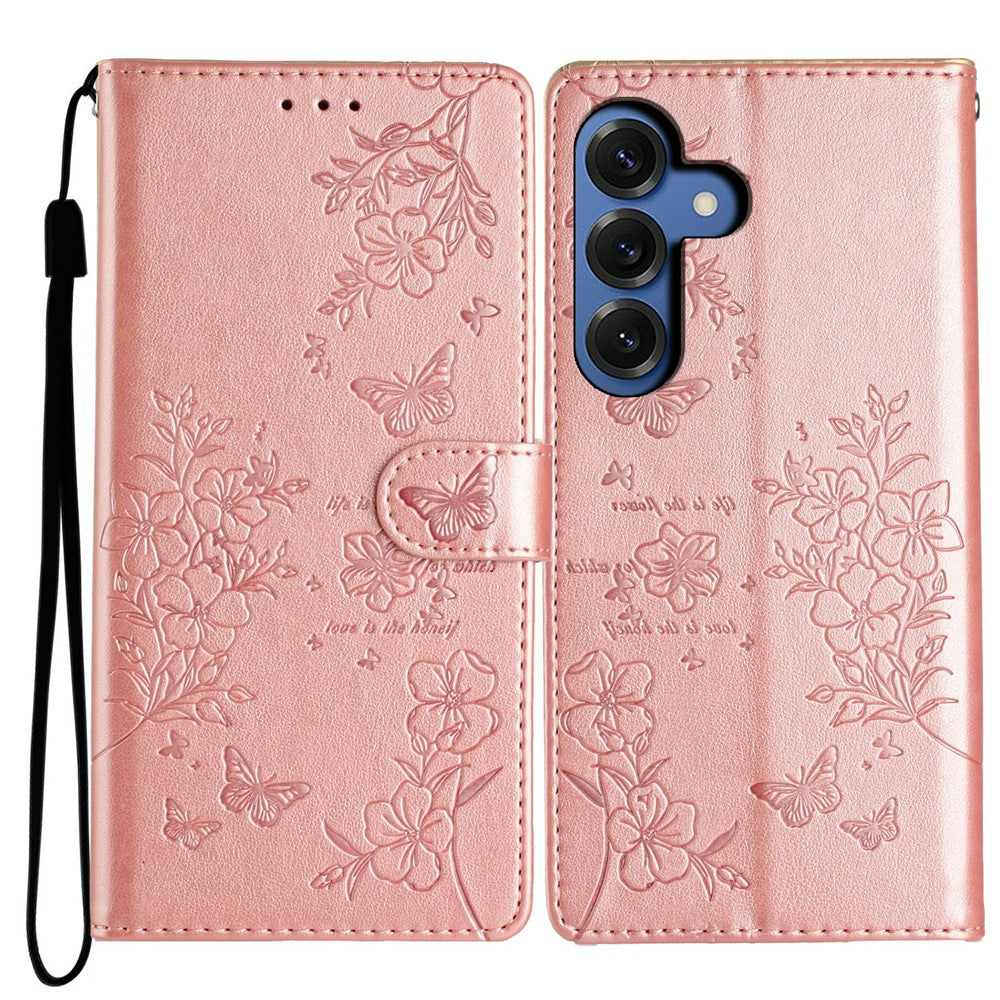 For-Samsung-Galaxy-S26-/-S26-Pro-Wallet-Phone-Case-Butterfly-Floral-Imprint-Leather-Flip-Cover-with-Strap-Rose-Gold