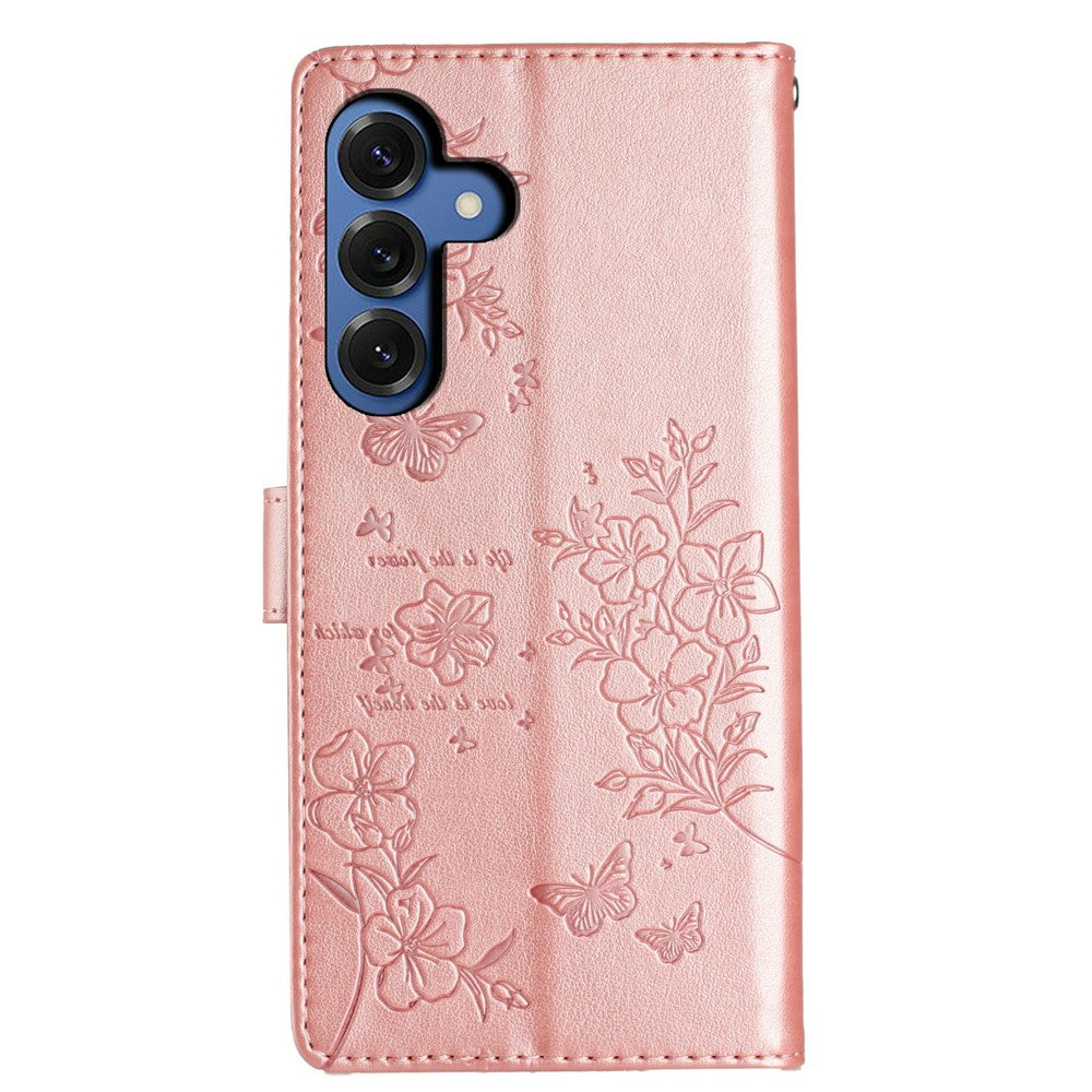 For-Samsung-Galaxy-S26-/-S26-Pro-Wallet-Phone-Case-Butterfly-Floral-Imprint-Leather-Flip-Cover-with-Strap-Rose-Gold