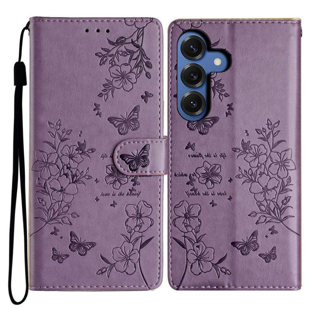 For-Samsung-Galaxy-S26-/-S26-Pro-Wallet-Phone-Case-Butterfly-Floral-Imprint-Leather-Flip-Cover-with-Strap-Purple