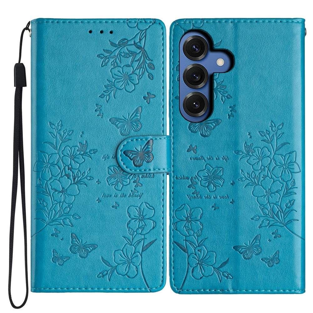 For-Samsung-Galaxy-S26-/-S26-Pro-Wallet-Phone-Case-Butterfly-Floral-Imprint-Leather-Flip-Cover-with-Strap-Blue