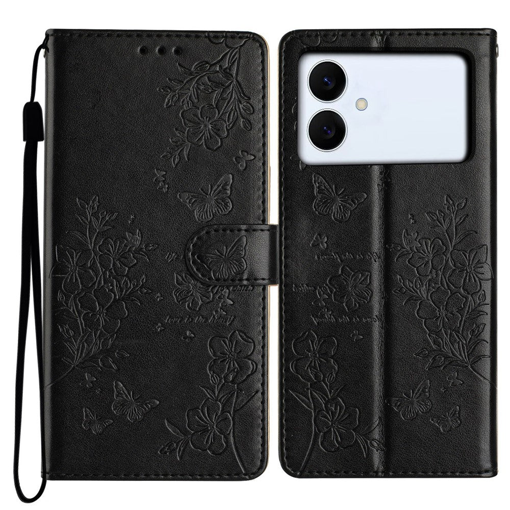 For-Samsung-Galaxy-S26-Edge-Wallet-Phone-Case-Butterfly-Floral-Imprint-Leather-Flip-Cover-with-Strap-Black