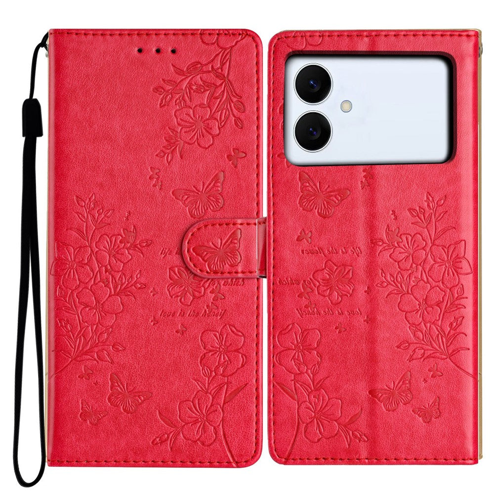 For-Samsung-Galaxy-S26-Edge-Wallet-Phone-Case-Butterfly-Floral-Imprint-Leather-Flip-Cover-with-Strap-Red