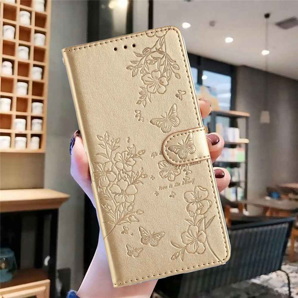 For Xiaomi 17 Pro Wallet Phone Case Butterfly Floral Imprint Leather Flip Cover with Strap - Gold