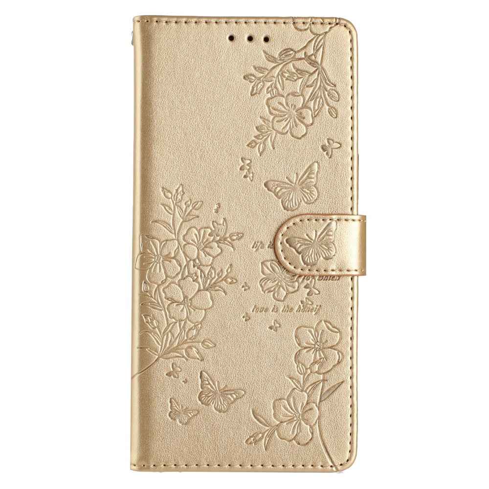 For Xiaomi 17 Pro Wallet Phone Case Butterfly Floral Imprint Leather Flip Cover with Strap - Gold