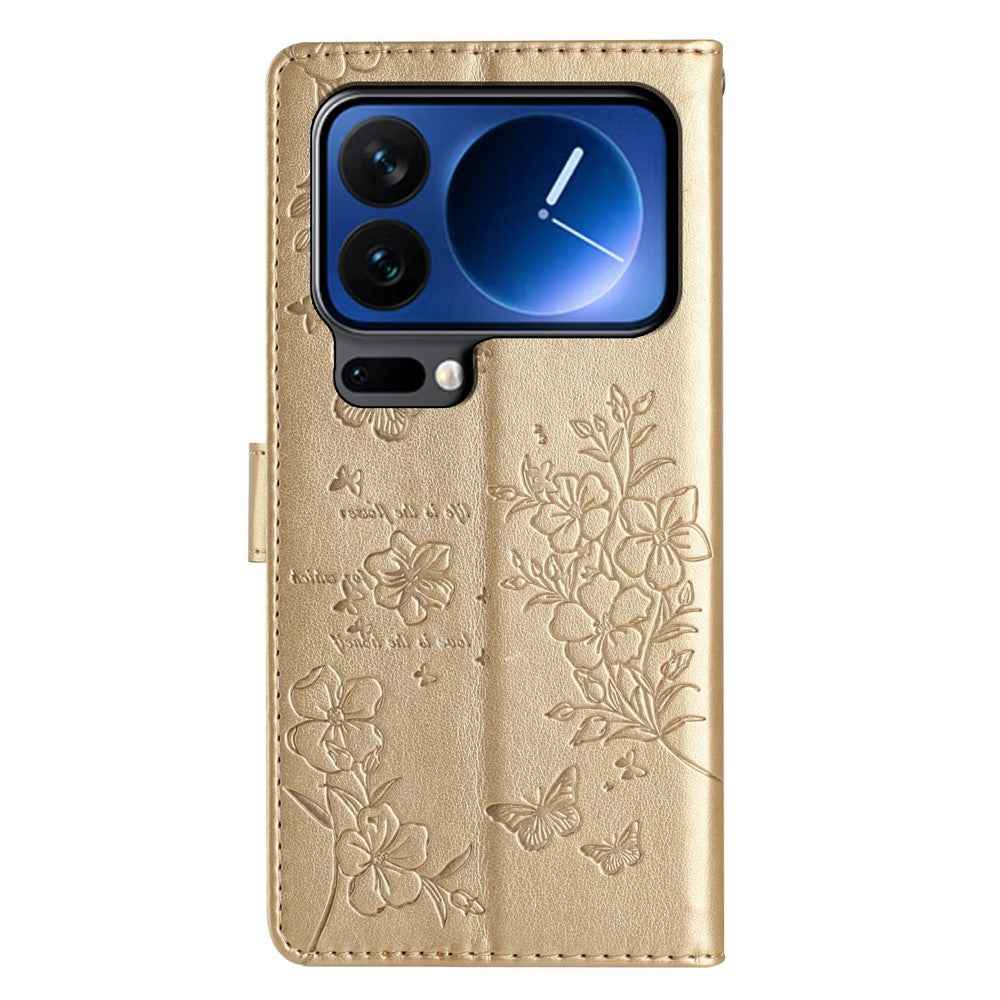 For Xiaomi 17 Pro Wallet Phone Case Butterfly Floral Imprint Leather Flip Cover with Strap - Gold