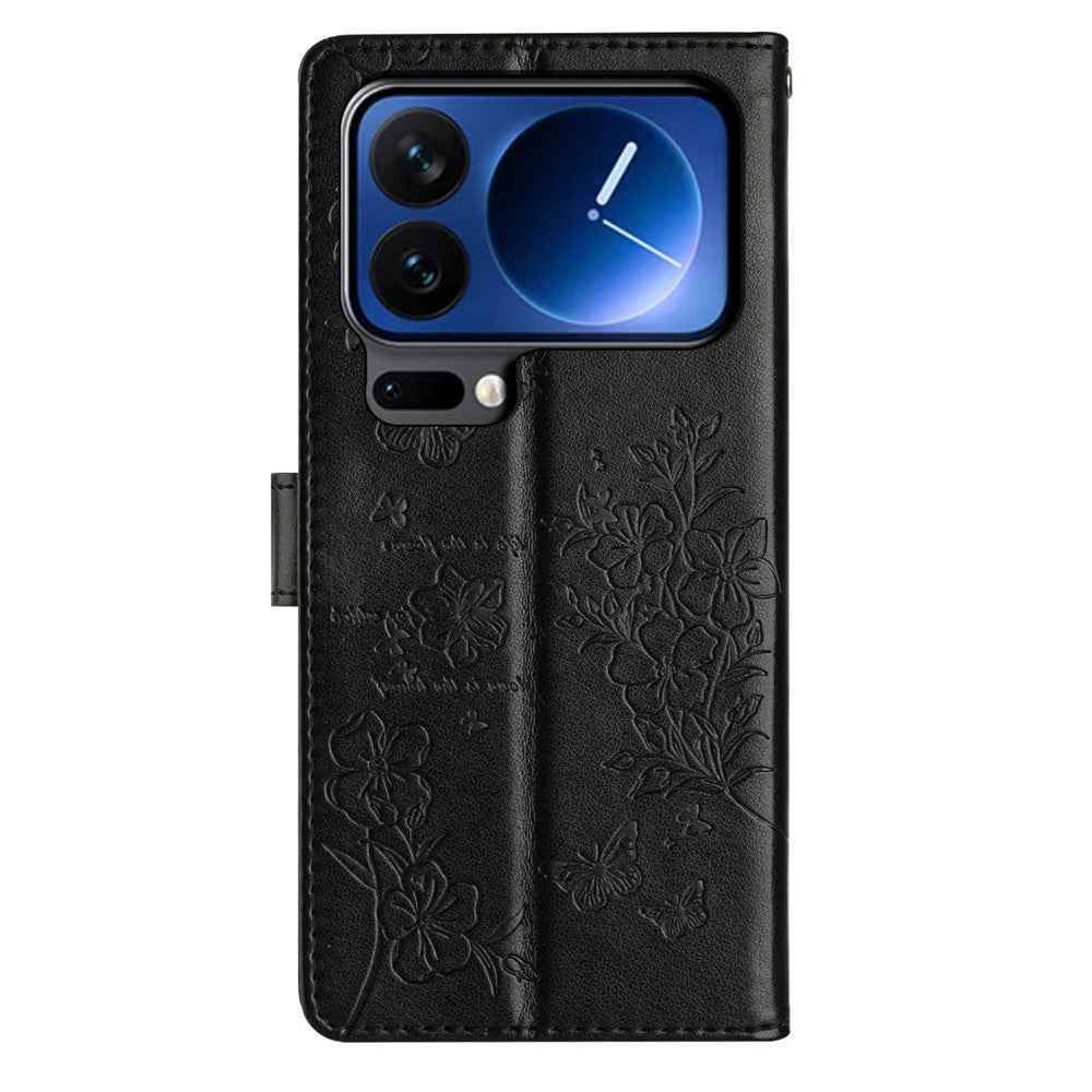 For Xiaomi 17 Pro Wallet Phone Case Butterfly Floral Imprint Leather Flip Cover with Strap - Black