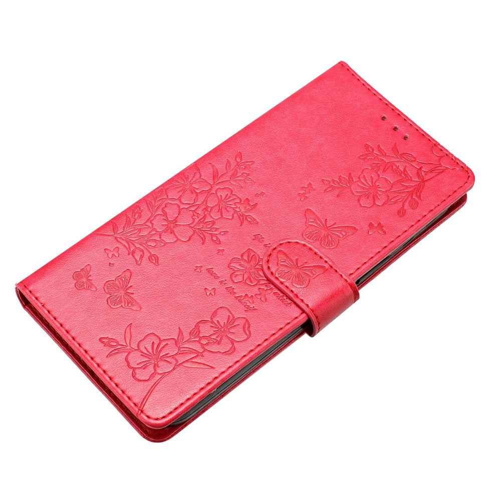 For Xiaomi 17 Pro Wallet Phone Case Butterfly Floral Imprint Leather Flip Cover with Strap - Red