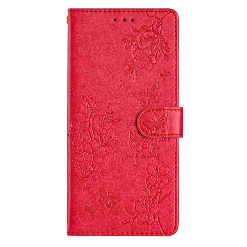 For Xiaomi 17 Pro Wallet Phone Case Butterfly Floral Imprint Leather Flip Cover with Strap - Red