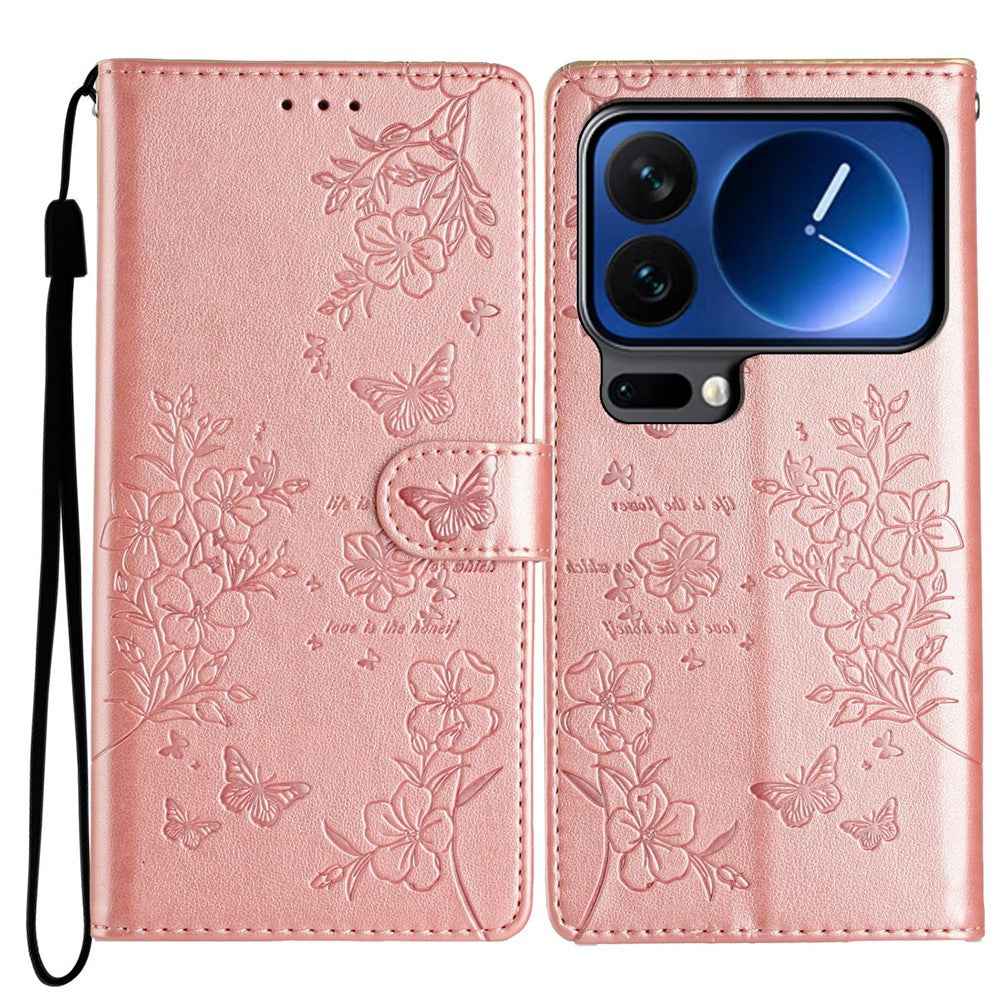 For Xiaomi 17 Pro Wallet Phone Case Butterfly Floral Imprint Leather Flip Cover with Strap - Rose Gold