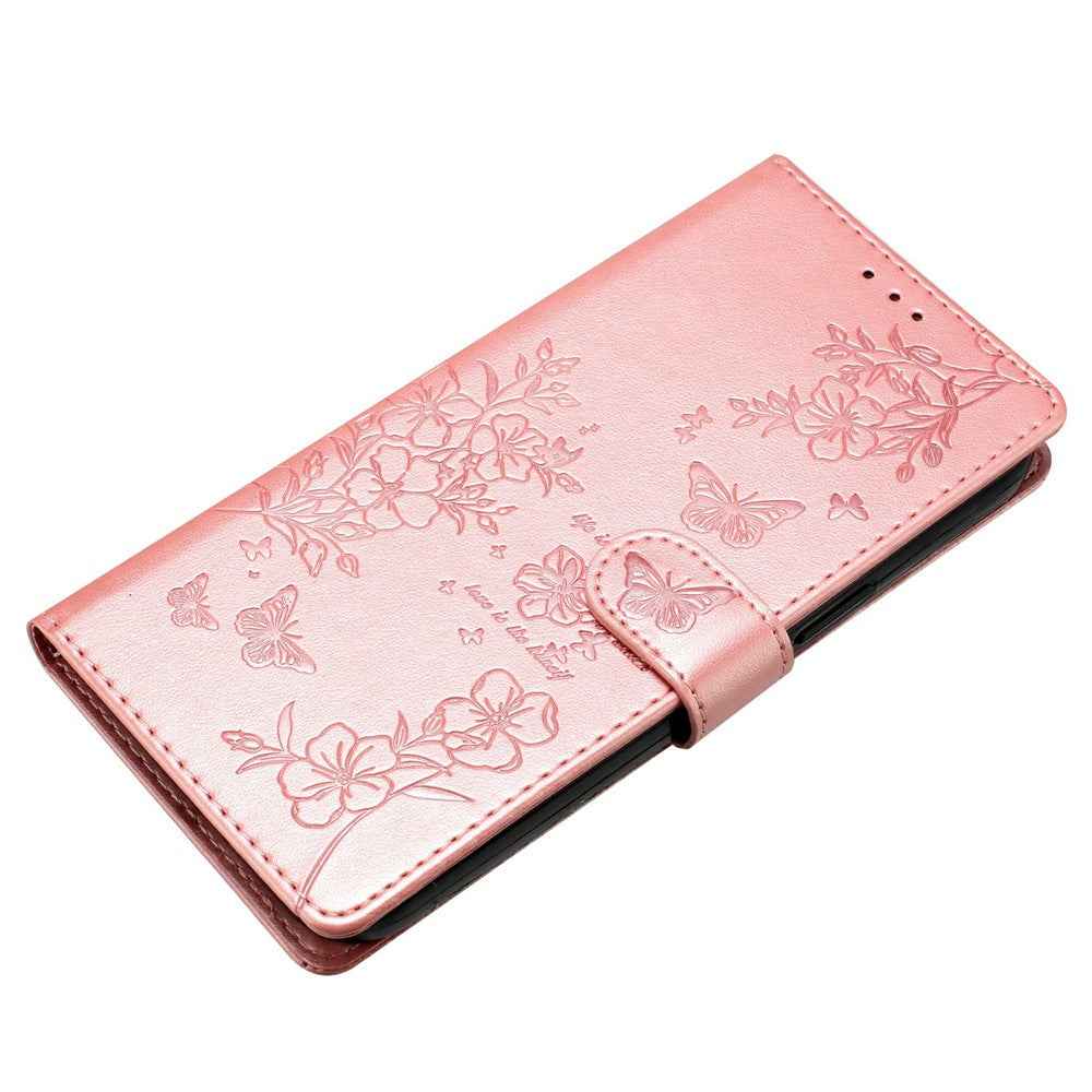 For Xiaomi 17 Pro Wallet Phone Case Butterfly Floral Imprint Leather Flip Cover with Strap - Rose Gold
