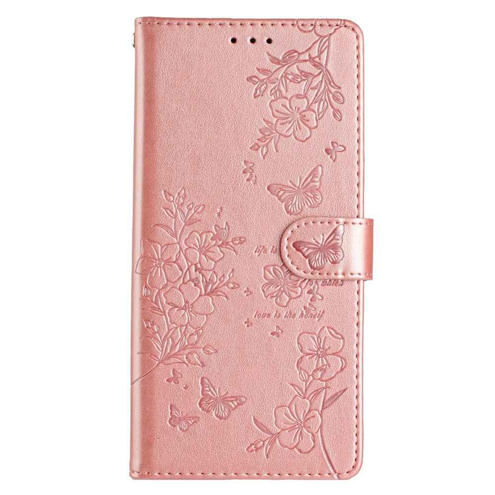 For Xiaomi 17 Pro Wallet Phone Case Butterfly Floral Imprint Leather Flip Cover with Strap - Rose Gold