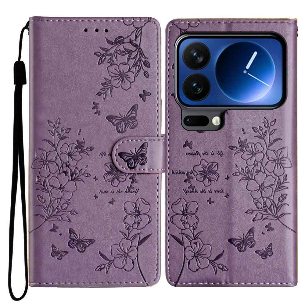 For Xiaomi 17 Pro Wallet Phone Case Butterfly Floral Imprint Leather Flip Cover with Strap - Purple