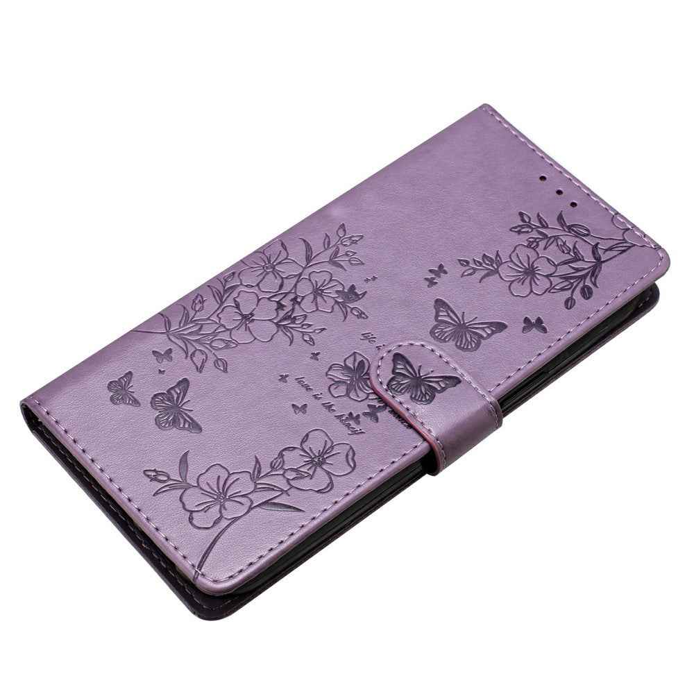 For Xiaomi 17 Pro Wallet Phone Case Butterfly Floral Imprint Leather Flip Cover with Strap - Purple