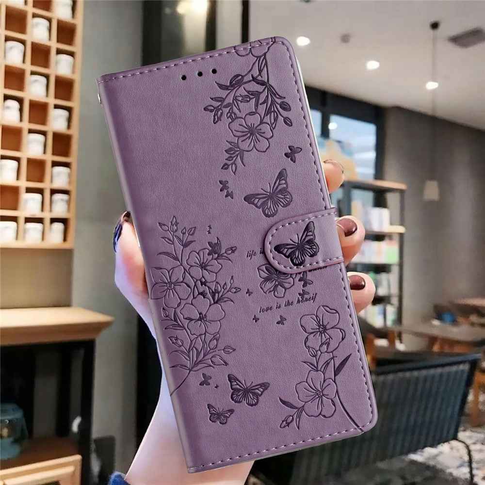 For Xiaomi 17 Pro Wallet Phone Case Butterfly Floral Imprint Leather Flip Cover with Strap - Purple