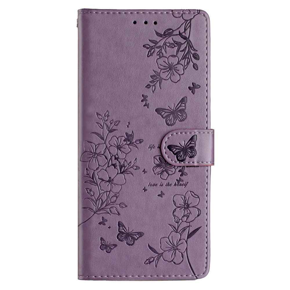 For Xiaomi 17 Pro Wallet Phone Case Butterfly Floral Imprint Leather Flip Cover with Strap - Purple