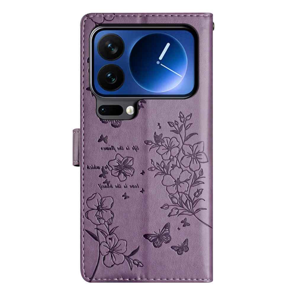 For Xiaomi 17 Pro Wallet Phone Case Butterfly Floral Imprint Leather Flip Cover with Strap - Purple