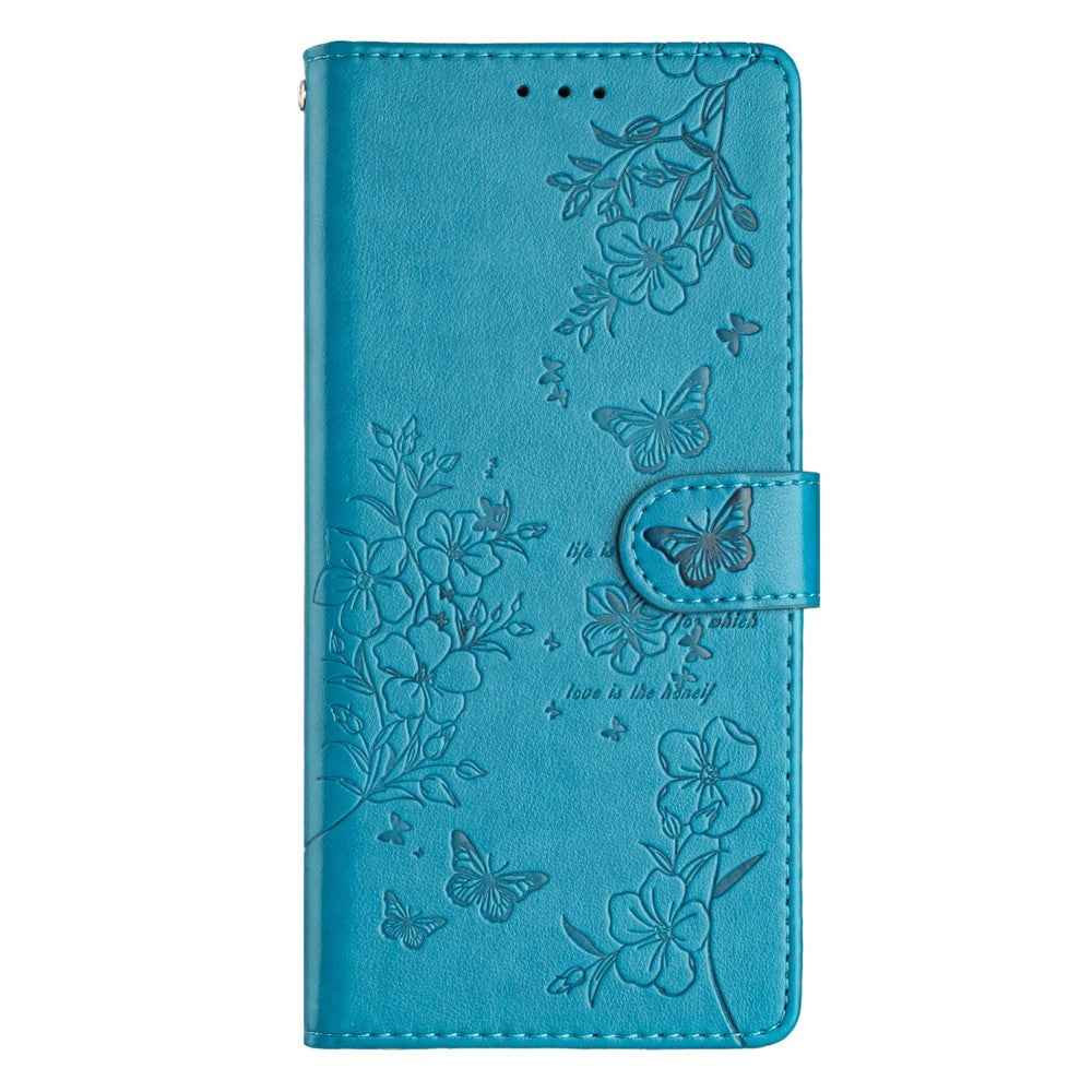 For Xiaomi 17 Pro Wallet Phone Case Butterfly Floral Imprint Leather Flip Cover with Strap - Blue