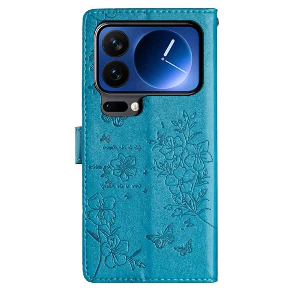 For Xiaomi 17 Pro Wallet Phone Case Butterfly Floral Imprint Leather Flip Cover with Strap - Blue