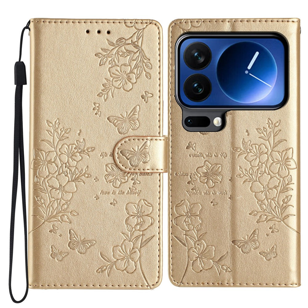 For Xiaomi 17 Pro Max Wallet Phone Case Butterfly Floral Imprint Leather Flip Cover with Strap - Gold