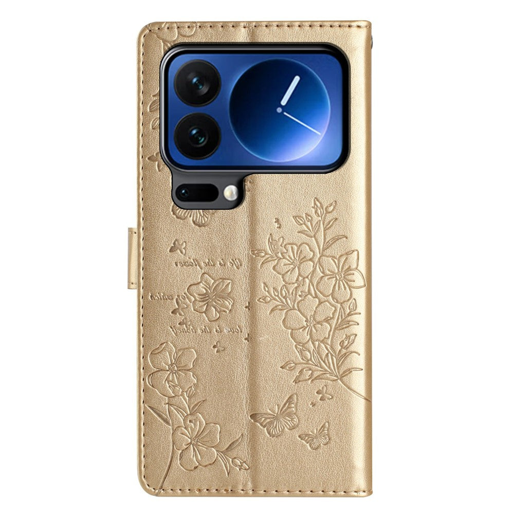 For Xiaomi 17 Pro Max Wallet Phone Case Butterfly Floral Imprint Leather Flip Cover with Strap - Gold