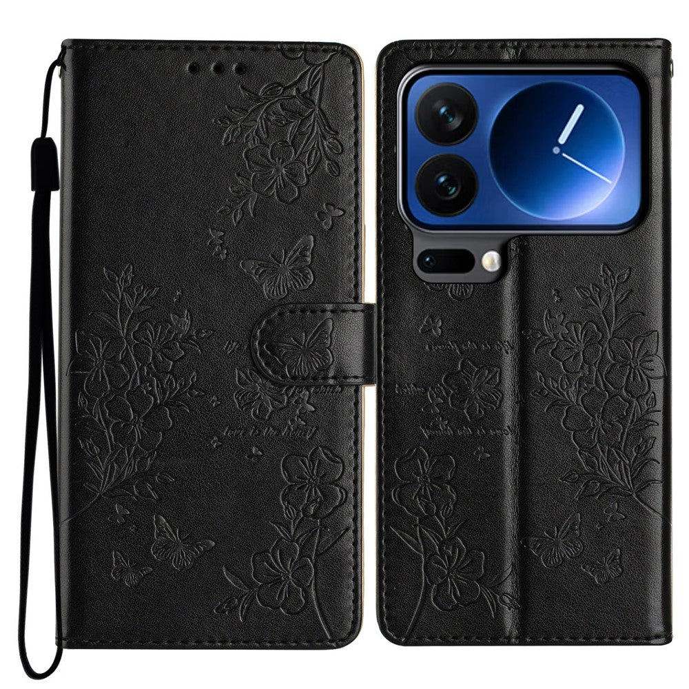 For Xiaomi 17 Pro Max Wallet Phone Case Butterfly Floral Imprint Leather Flip Cover with Strap - Black