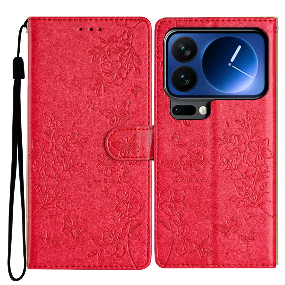For Xiaomi 17 Pro Max Wallet Phone Case Butterfly Floral Imprint Leather Flip Cover with Strap - Red