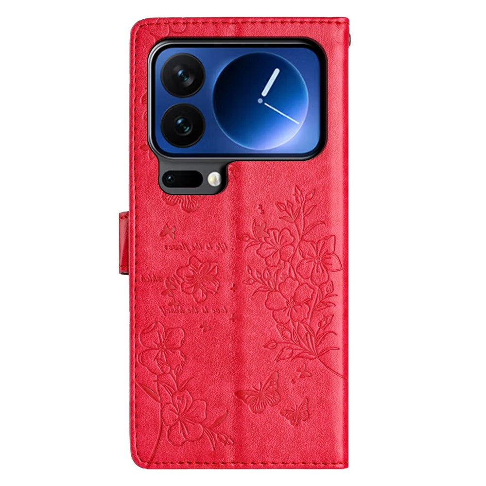For Xiaomi 17 Pro Max Wallet Phone Case Butterfly Floral Imprint Leather Flip Cover with Strap - Red