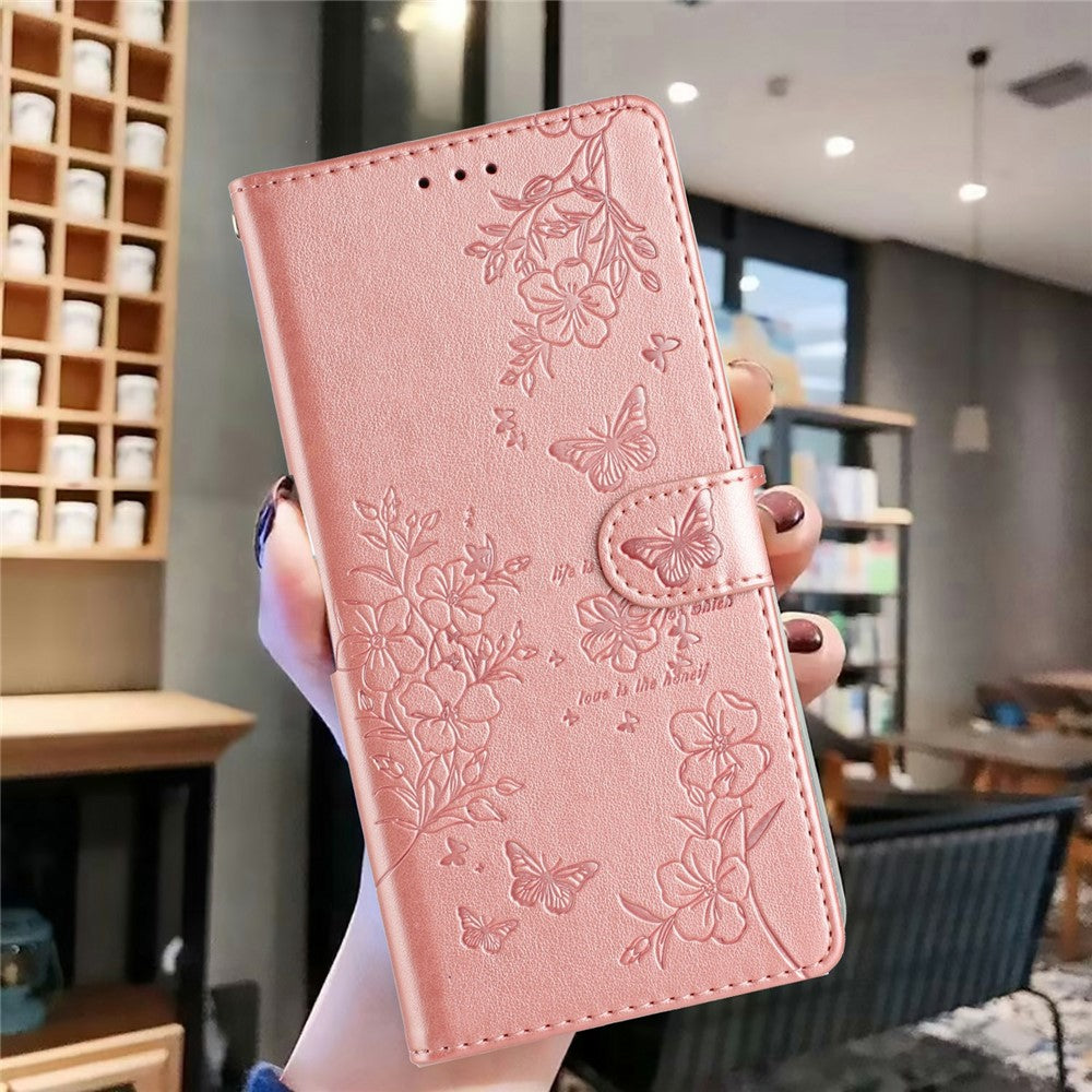 For Xiaomi 17 Pro Max Wallet Phone Case Butterfly Floral Imprint Leather Flip Cover with Strap - Rose Gold