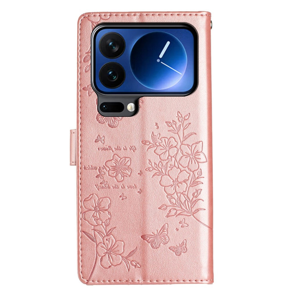 For Xiaomi 17 Pro Max Wallet Phone Case Butterfly Floral Imprint Leather Flip Cover with Strap - Rose Gold