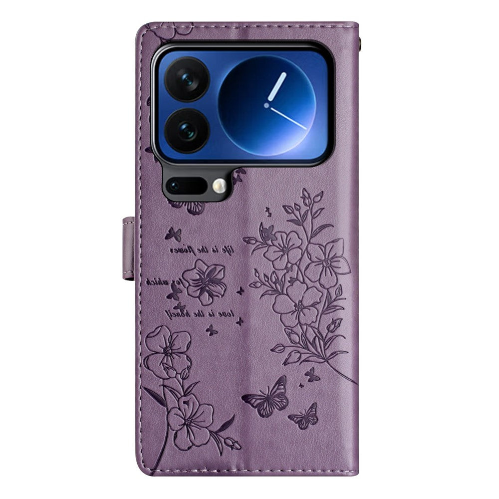 For Xiaomi 17 Pro Max Wallet Phone Case Butterfly Floral Imprint Leather Flip Cover with Strap - Purple