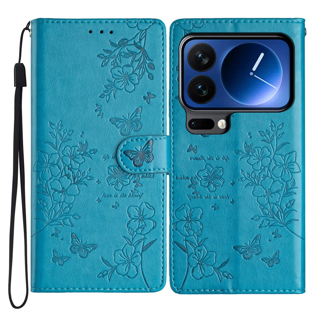 For Xiaomi 17 Pro Max Wallet Phone Case Butterfly Floral Imprint Leather Flip Cover with Strap - Blue