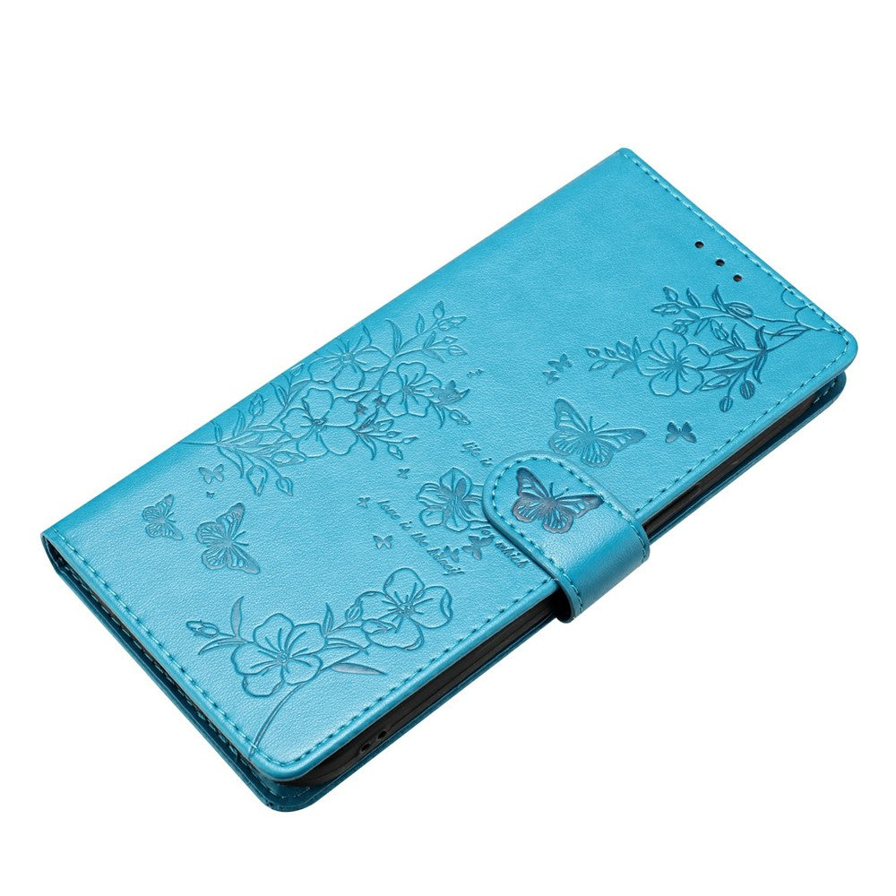 For Xiaomi 17 Pro Max Wallet Phone Case Butterfly Floral Imprint Leather Flip Cover with Strap - Blue