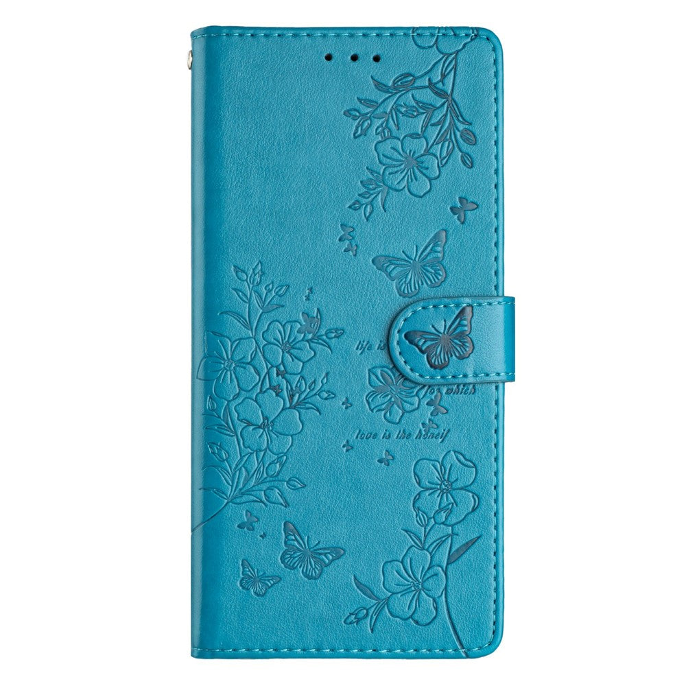 For Xiaomi 17 Pro Max Wallet Phone Case Butterfly Floral Imprint Leather Flip Cover with Strap - Blue
