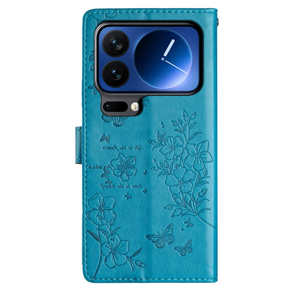 For Xiaomi 17 Pro Max Wallet Phone Case Butterfly Floral Imprint Leather Flip Cover with Strap - Blue