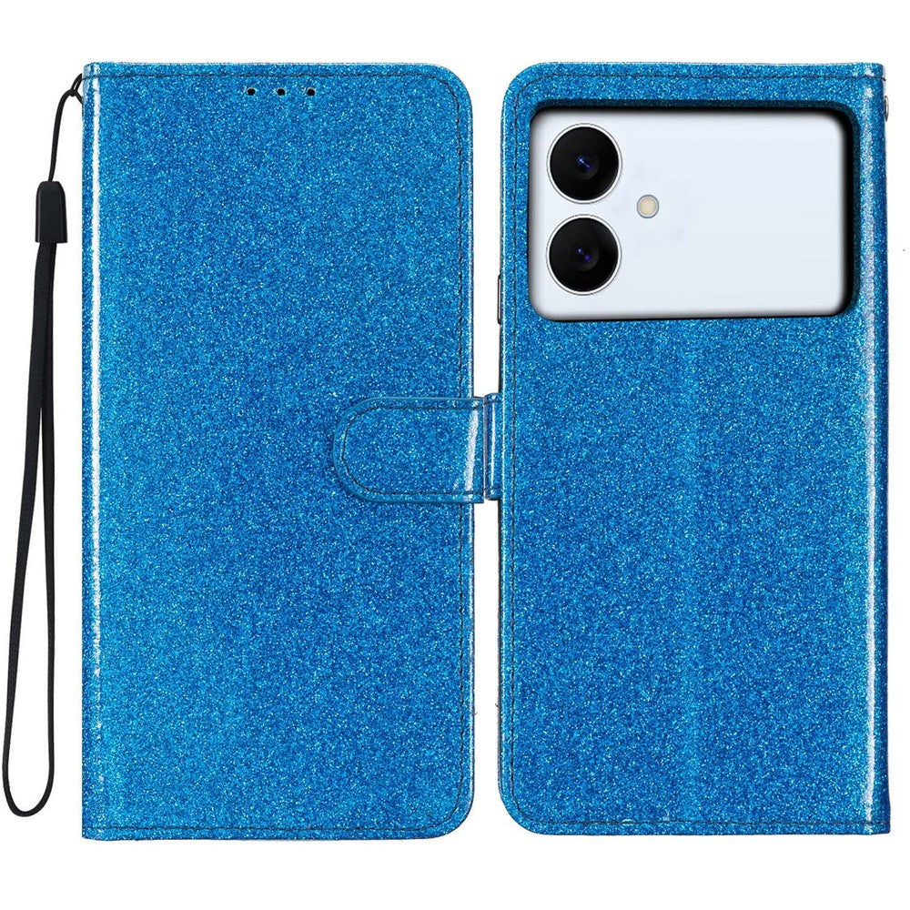 For-Samsung-Galaxy-S26-Edge-Wallet-Case-Glitter-Anti-Scratch-Leather-Stand-Phone-Cover-with-Strap-Blue