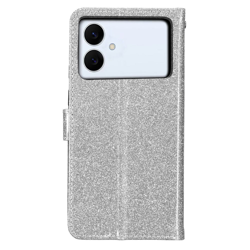 For-Samsung-Galaxy-S26-Edge-Wallet-Case-Glitter-Anti-Scratch-Leather-Stand-Phone-Cover-with-Strap-Silver