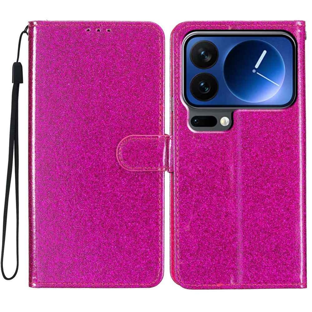 For Xiaomi 17 Pro Wallet Case Glitter Anti-Scratch Leather Stand Phone Cover with Strap - Rose