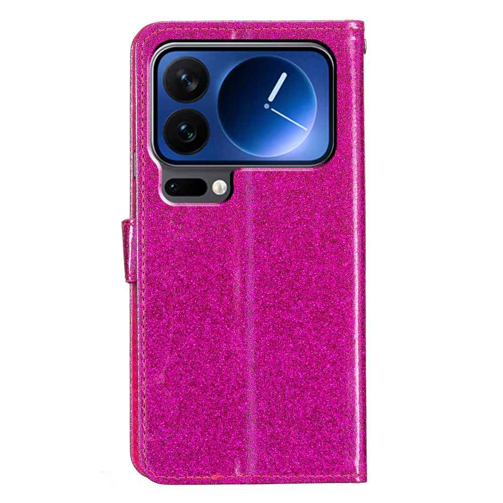 For Xiaomi 17 Pro Wallet Case Glitter Anti-Scratch Leather Stand Phone Cover with Strap - Rose