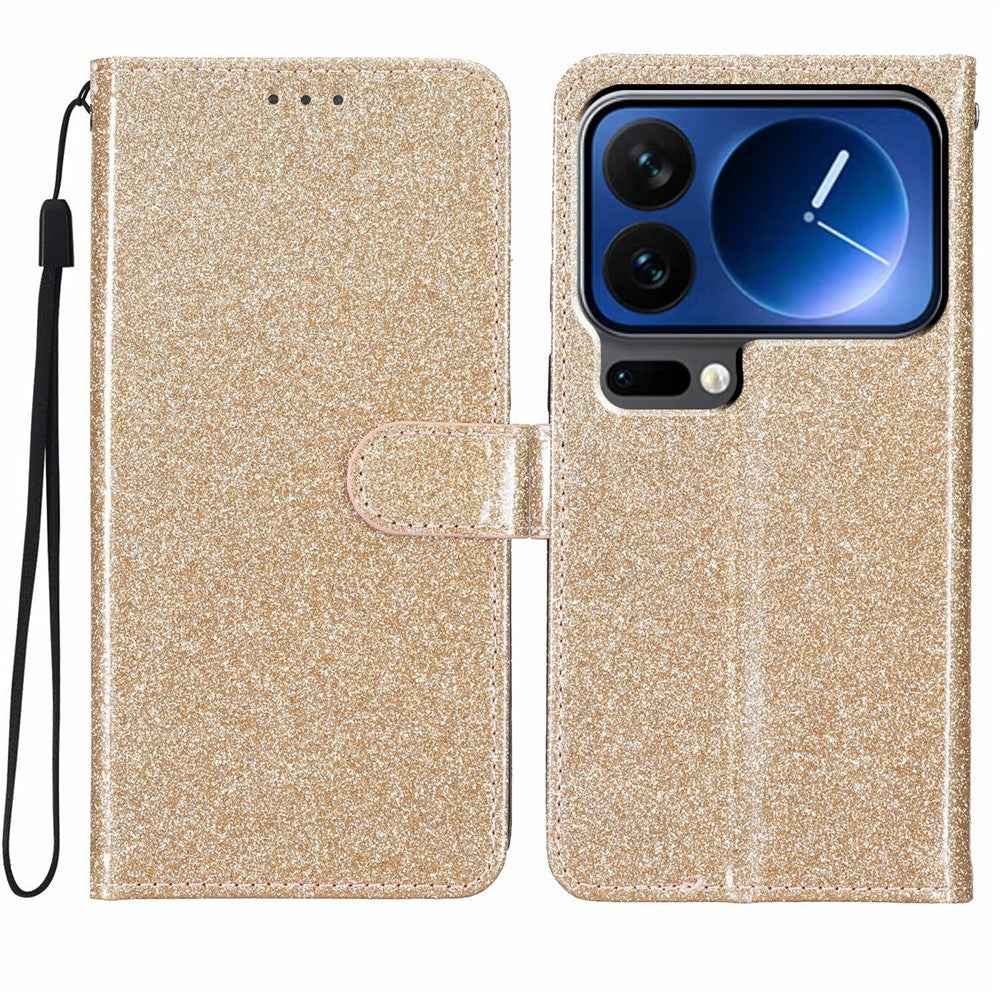 For Xiaomi 17 Pro Wallet Case Glitter Anti-Scratch Leather Stand Phone Cover with Strap - Gold