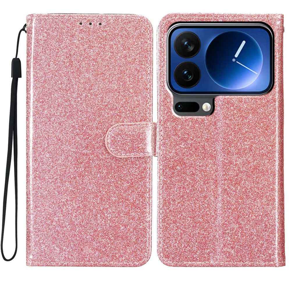 For Xiaomi 17 Pro Wallet Case Glitter Anti-Scratch Leather Stand Phone Cover with Strap - Rose Gold