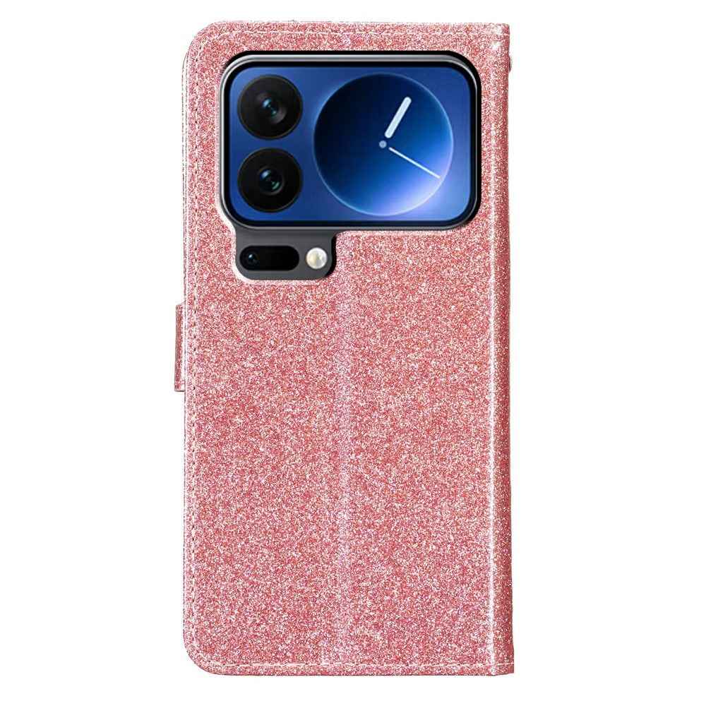 For Xiaomi 17 Pro Wallet Case Glitter Anti-Scratch Leather Stand Phone Cover with Strap - Rose Gold
