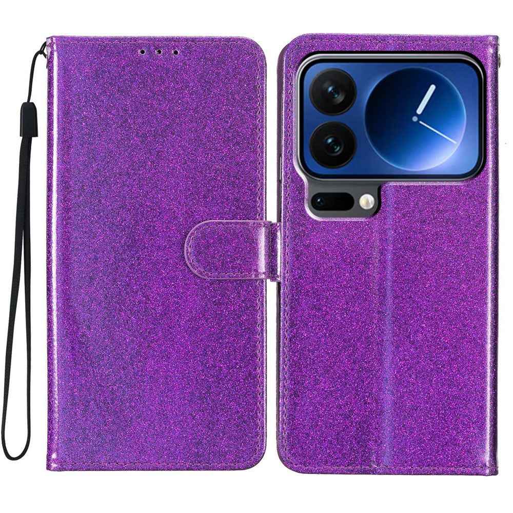 For Xiaomi 17 Pro Wallet Case Glitter Anti-Scratch Leather Stand Phone Cover with Strap - Purple