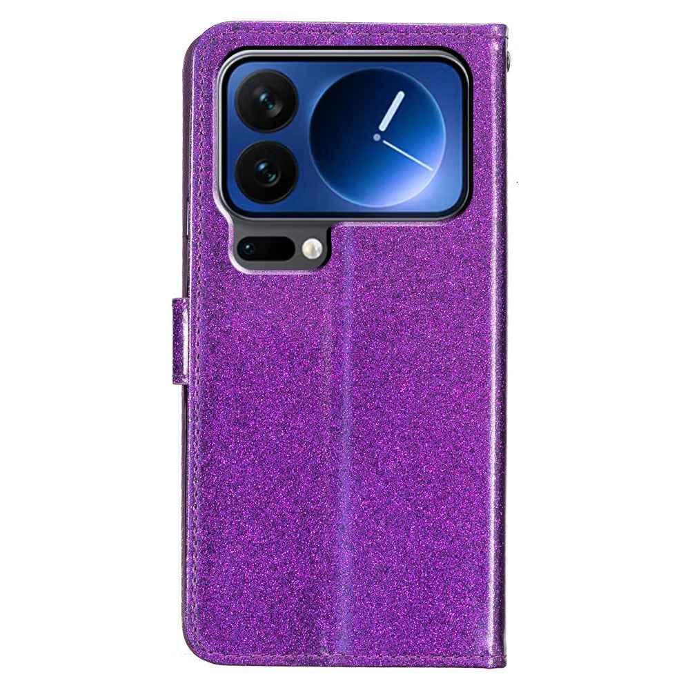 For Xiaomi 17 Pro Wallet Case Glitter Anti-Scratch Leather Stand Phone Cover with Strap - Purple