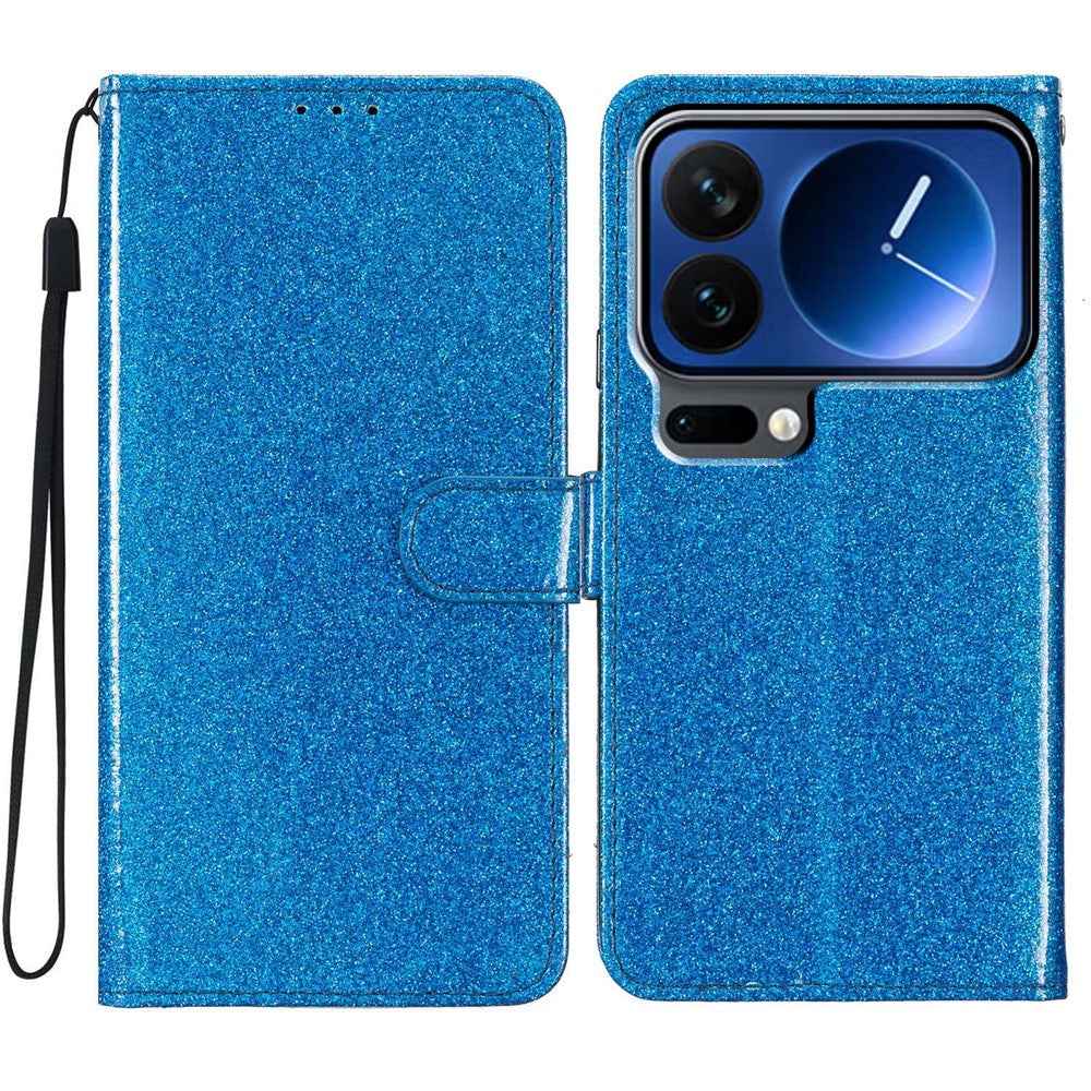 For Xiaomi 17 Pro Wallet Case Glitter Anti-Scratch Leather Stand Phone Cover with Strap - Blue
