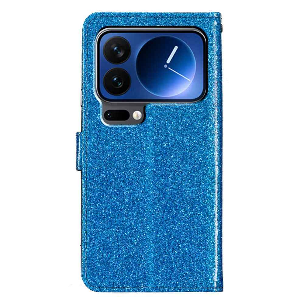 For Xiaomi 17 Pro Wallet Case Glitter Anti-Scratch Leather Stand Phone Cover with Strap - Blue