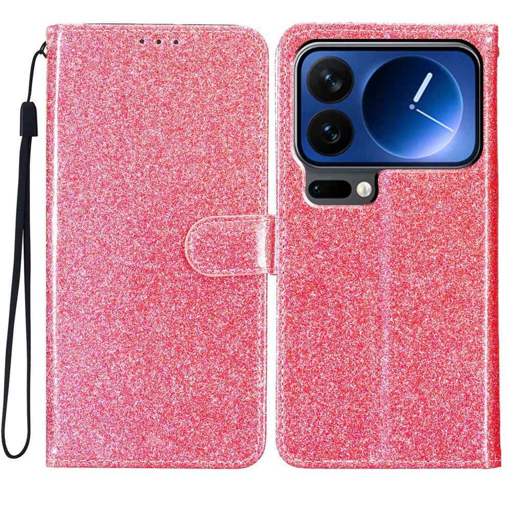 For Xiaomi 17 Pro Wallet Case Glitter Anti-Scratch Leather Stand Phone Cover with Strap - Pink
