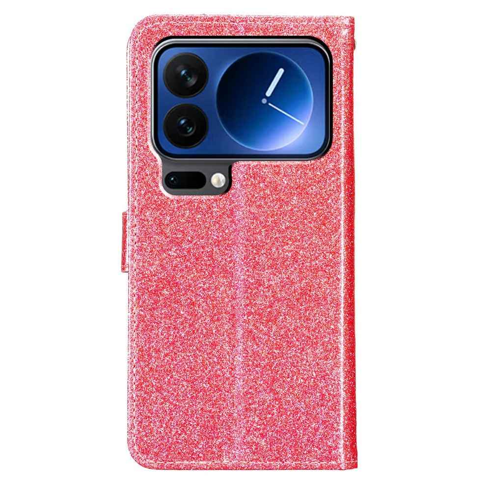 For Xiaomi 17 Pro Wallet Case Glitter Anti-Scratch Leather Stand Phone Cover with Strap - Pink