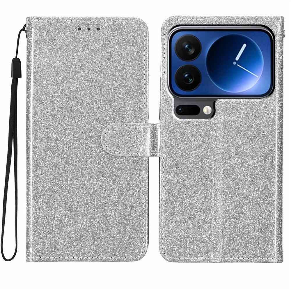 For Xiaomi 17 Pro Wallet Case Glitter Anti-Scratch Leather Stand Phone Cover with Strap - Silver