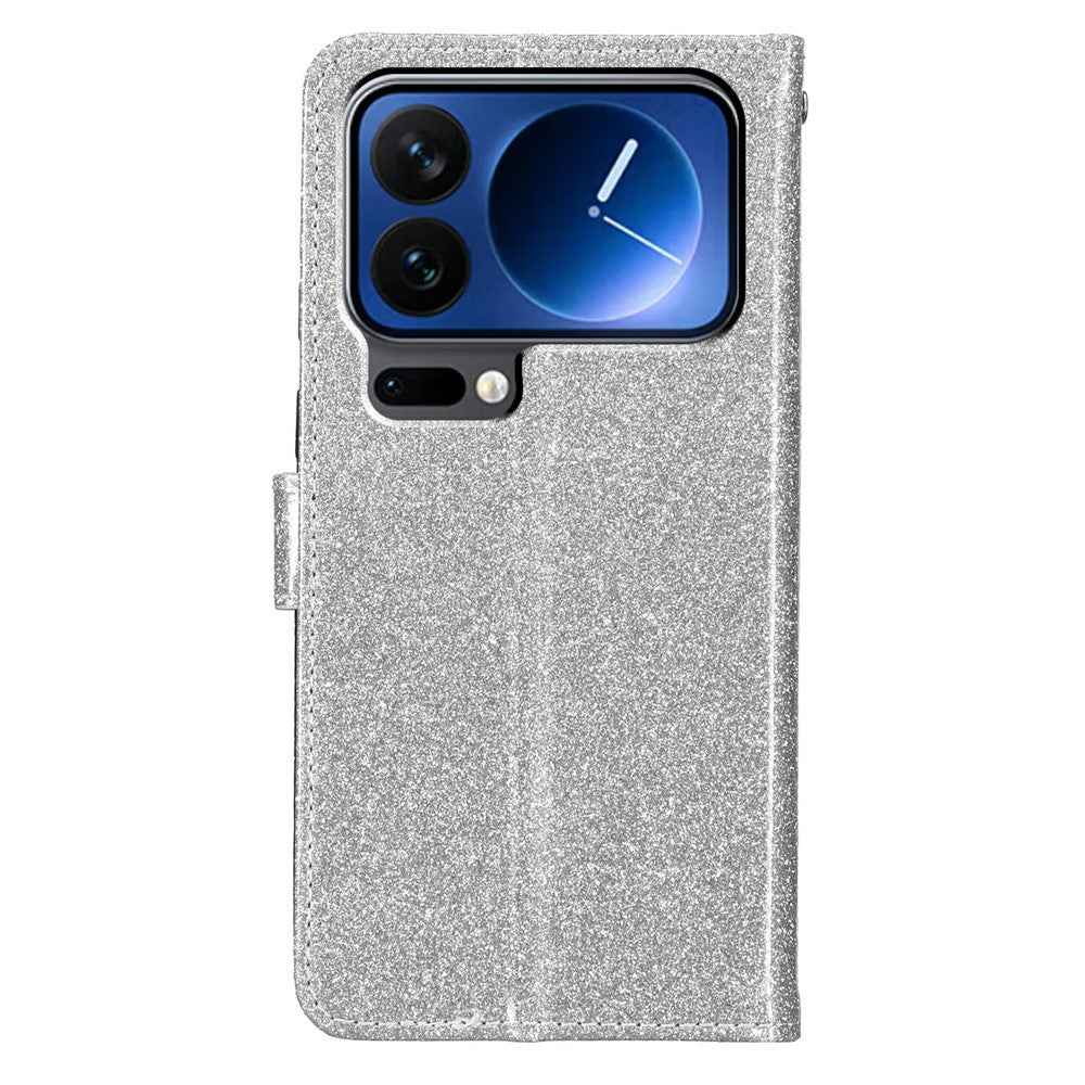 For Xiaomi 17 Pro Wallet Case Glitter Anti-Scratch Leather Stand Phone Cover with Strap - Silver